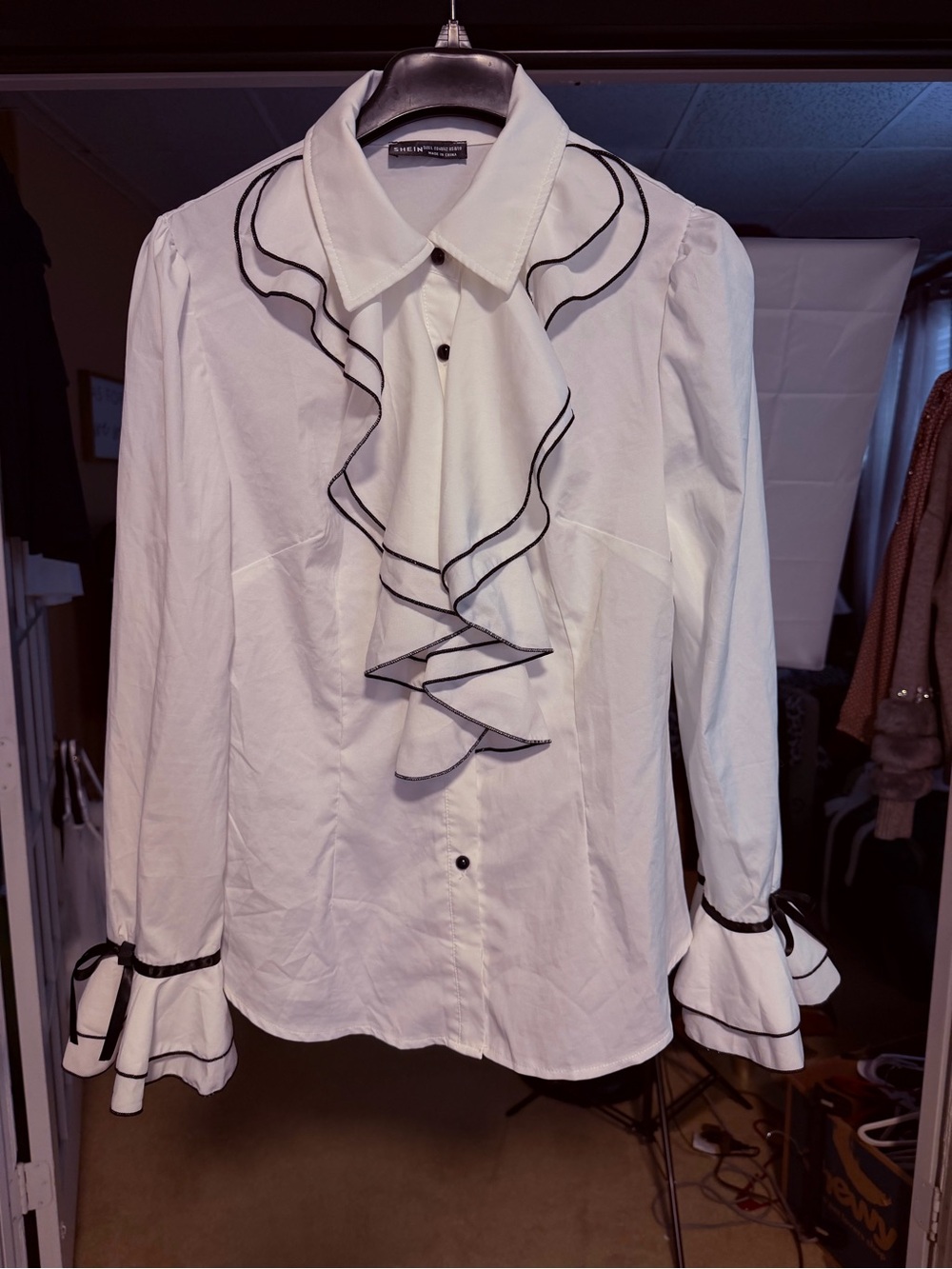 SHEIN White Ruffle Button-Down Blouse with Black Trim - Picture 4 of 11